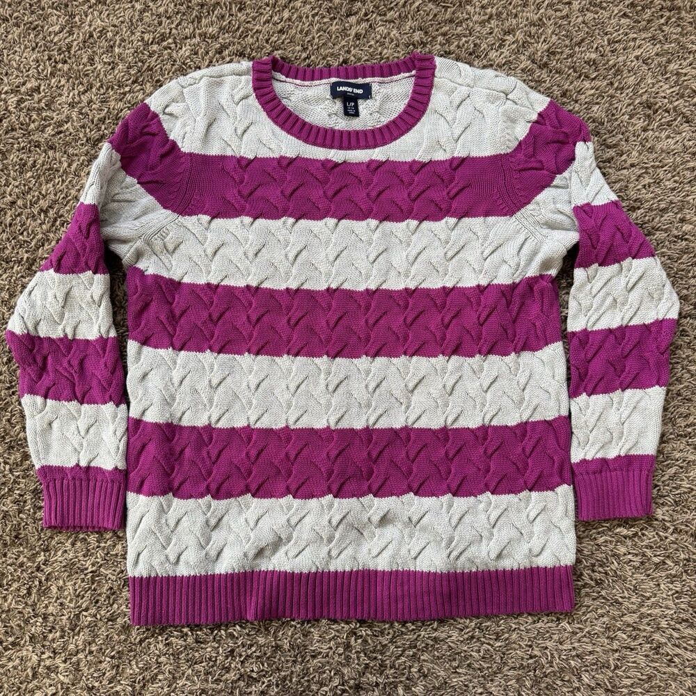Lands End Drifter Cable Knit Cotton Fisherman  Crew Neck Sweater Women’s L/P